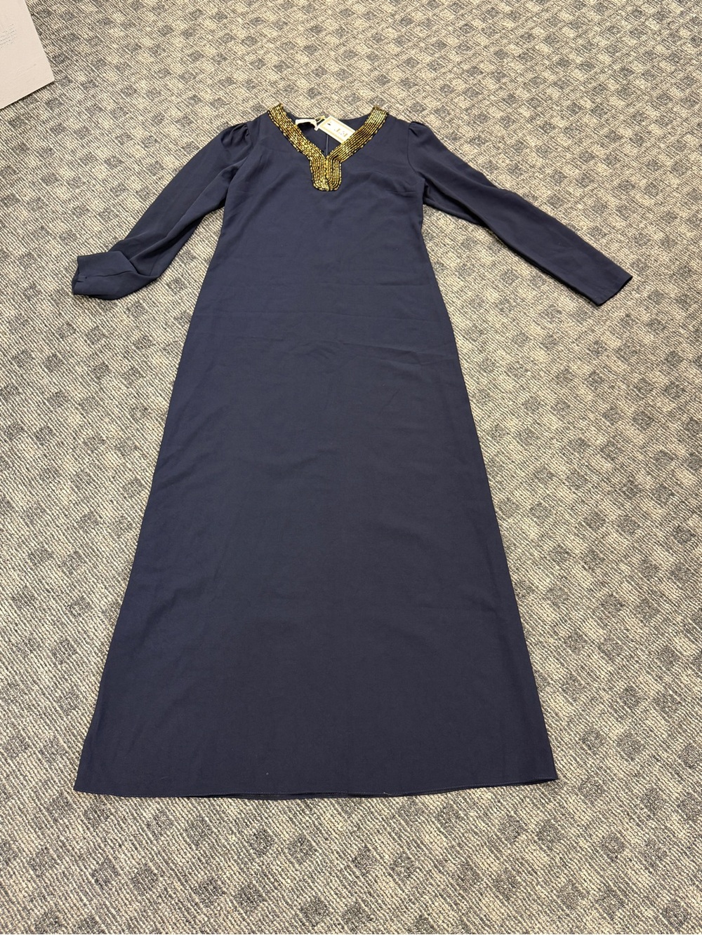 NWT Zinet Turkish Size 40 US 8 Navy Gold Beaded Maxi Dress